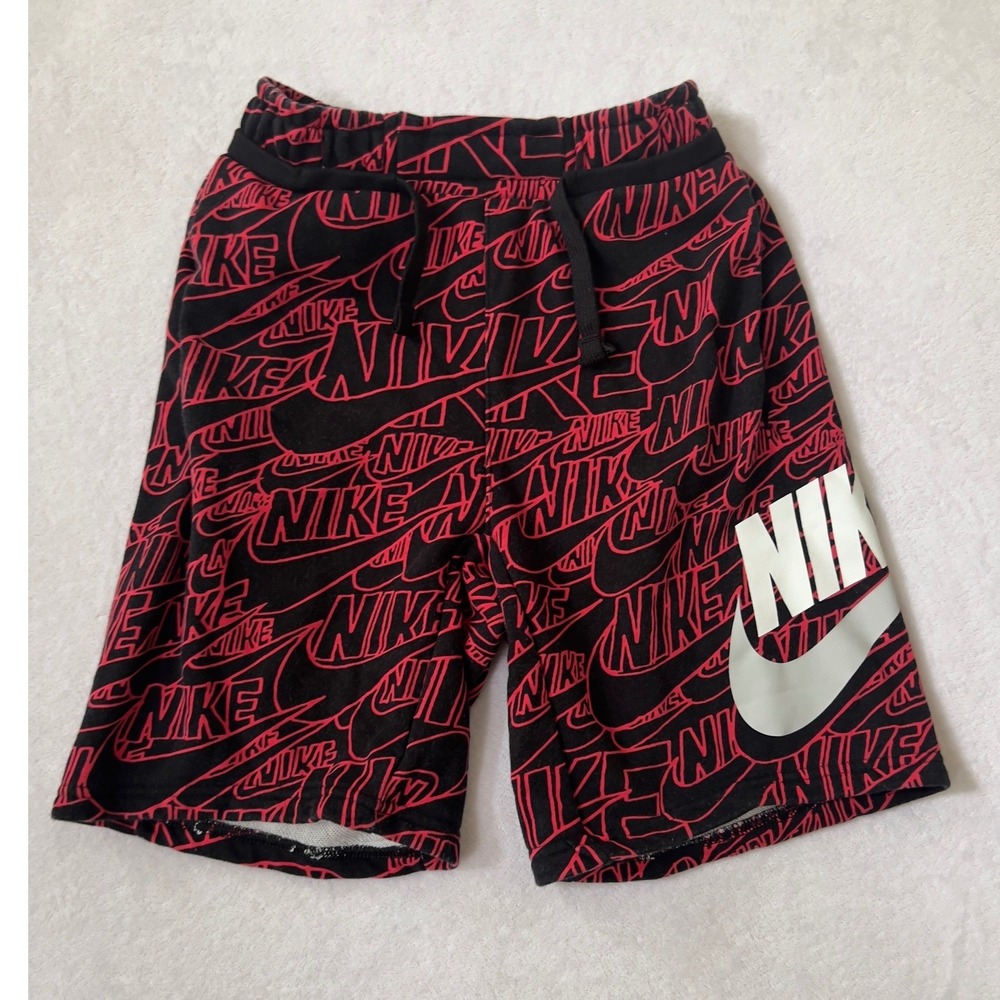 Nike Shorts Black Red All Over Logo Print French Terry Boys Size M